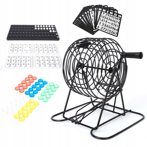 GRA BINGO TOWARZYSKA LOSOWA RODZINNA 18 kart 75 kulek METALOWY DUŻY BĘBEN