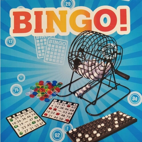 GRA BINGO TOWARZYSKA LOSOWA RODZINNA 18 kart 75 kulek METALOWY DUŻY BĘBEN