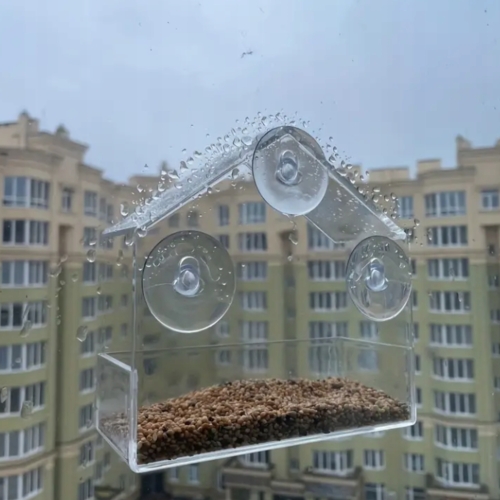 KARMNIK DLA PTAKÓW na okno z przyssawkami do szyby PRZEŹROCZYSTY 15X15X6 CM