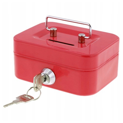 Kasetka Skarbonka Sejf zamykana na kluczyk czerwona wym 8,5 x 11,5 x 5,5 cm