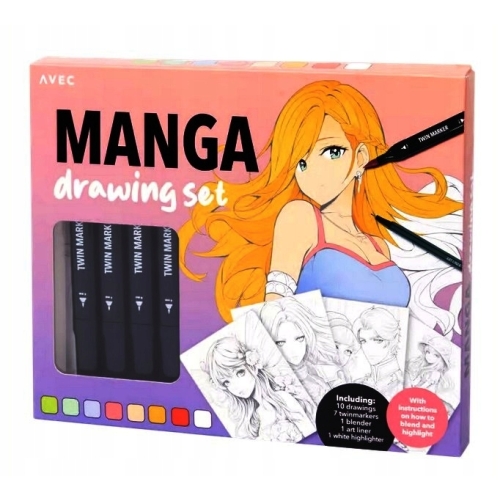 ZESTAW DO RYSOWANIA MANGA MANGI 10 KART DO MALOWANIA MARKERY 20 ELEMENTÓW