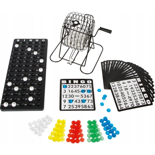 GRA BINGO TOWARZYSKA LOSOWA RODZINNA 18 kart 75 kulek DUŻY METALOWY BĘBEN