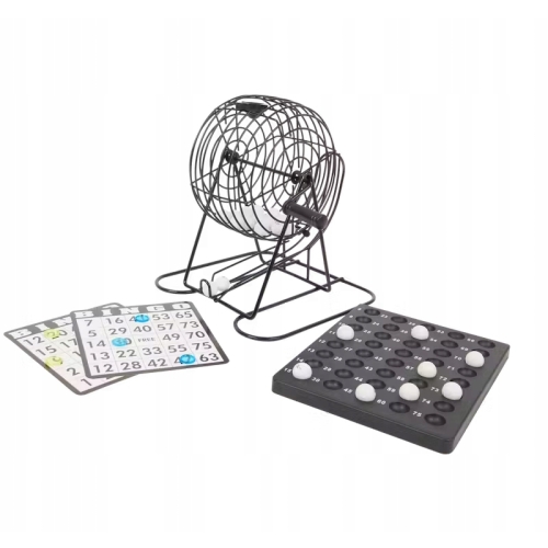 GRA BINGO TOWARZYSKA LOSOWA RODZINNA 18 kart 75 kulek DUŻY METALOWY BĘBEN
