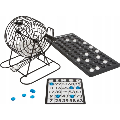 GRA BINGO TOWARZYSKA LOSOWA RODZINNA 18 kart 75 kulek DUŻY METALOWY BĘBEN