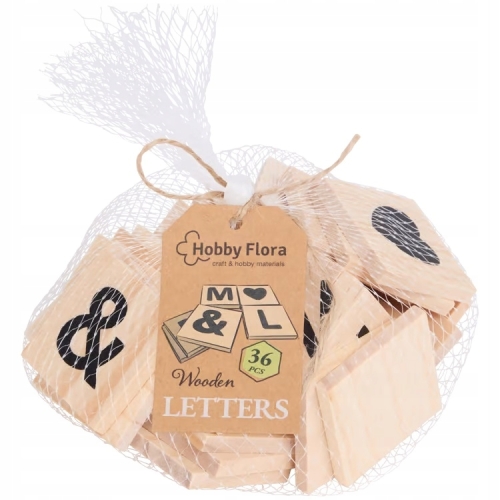 DREWNIANE DUŻE LITERY LITERKI ALFABET SYMBOLE DO NAUKI OZDÓB 36SZT 40MM FSC