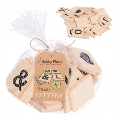 DREWNIANE DUŻE LITERY LITERKI ALFABET SYMBOLE DO NAUKI OZDÓB 36SZT 40MM FSC