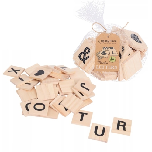 DREWNIANE DUŻE LITERY LITERKI ALFABET SYMBOLE DO NAUKI OZDÓB 36SZT 40MM FSC