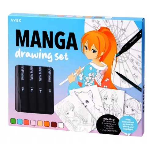 ZESTAW DO RYSOWANIA MANGA MANGI MARKERY 10 KART DO MALOWANIA 20 ELEMENTÓW