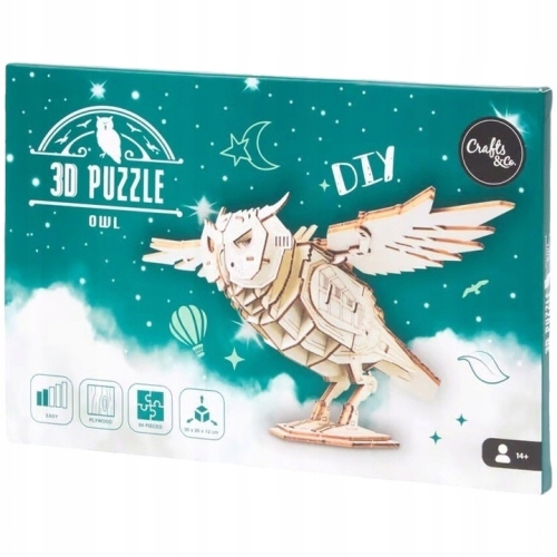 DREWNIANE PUZZLE 3D MAGICZNA SOWA 64 ELEMENTY ZRÓB TO SAM DIY 30x20x12 CM