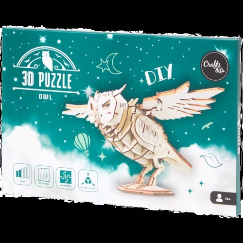 DREWNIANE PUZZLE 3D MAGICZNA SOWA 64 ELEMENTY ZRÓB TO SAM DIY 30x20x12 CM