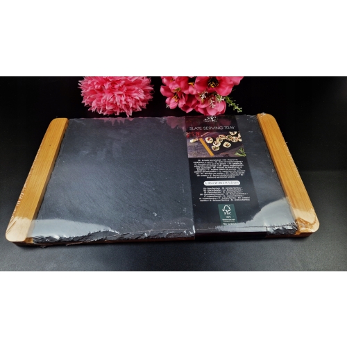 Deska do serwowania naturalny kamień łupek podstawa bambus 35 x 20 x 1,5 cm
