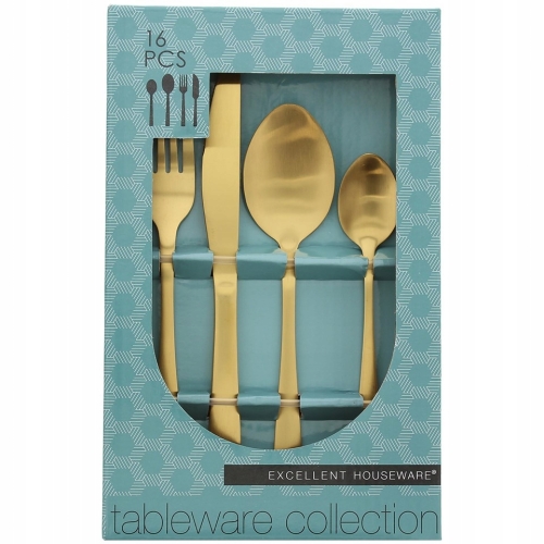 Komplet 16 klasycznych sztućców matowe złoto GLAMOUR dla 4 osób HOME DECOR