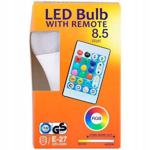 Żarówka wielokolorowa dyskotekowa rgb LED 8,5W pilot E27 806lm