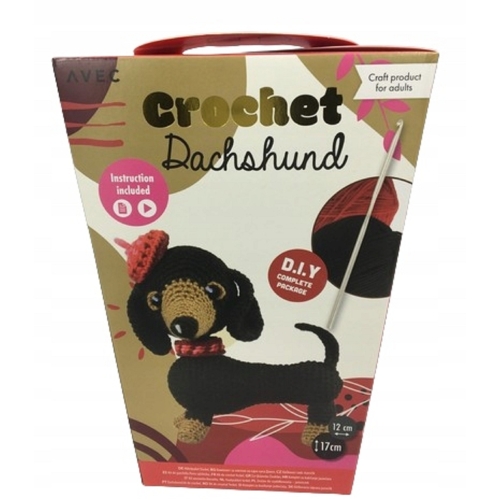 ZESTAW DO SZYDEŁKOWANIA WŁÓCZKA SZYDEŁKO IGŁA 17 cm MASKOTKA PIESEK JAMNIK