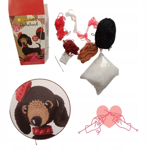 ZESTAW DO SZYDEŁKOWANIA WŁÓCZKA SZYDEŁKO IGŁA 17 cm MASKOTKA PIESEK JAMNIK