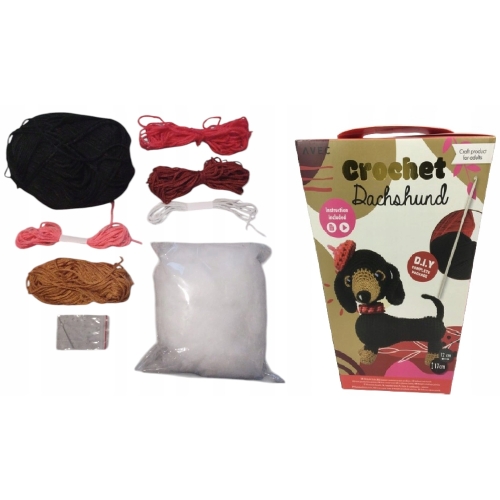 ZESTAW DO SZYDEŁKOWANIA WŁÓCZKA SZYDEŁKO IGŁA 17 cm MASKOTKA PIESEK JAMNIK