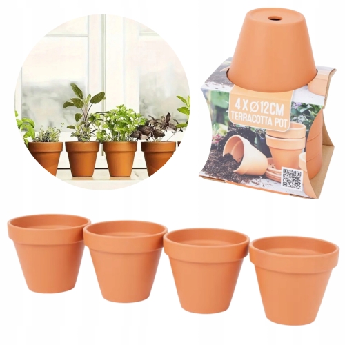 Zestaw doniczek z terakoty do siewu i uprawy roślin 4 szt x 12cm NATURALNE