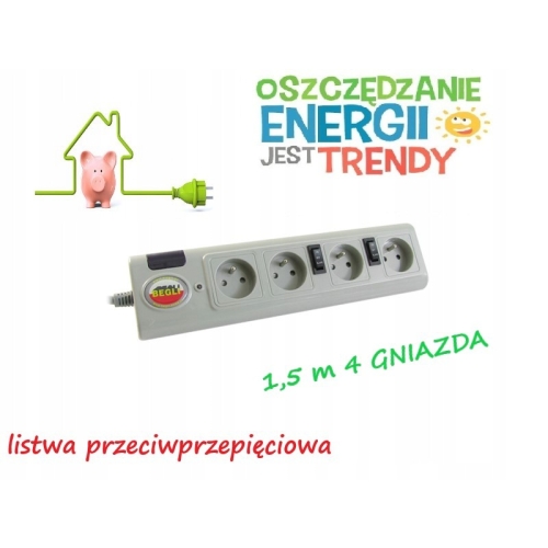 Przedłużacz listwa antyprzepięciowa Begli 1,5 m 4 sztuki gniazd szara