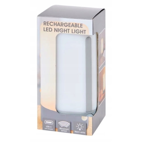 Lampka nocna LED możliwość ładowania czujnik ruchu akumulatorowa SREBRNA