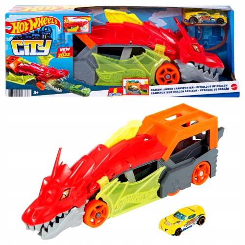 Transporter Wyrzutnia Hot Wheels Lets Race City Smok Dragon Autko Żółte 86