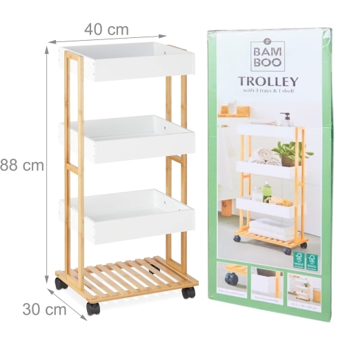 Wózek platforma na kółkach bambus 4 poziomowy salon kuchnia łazienka 88 cm
