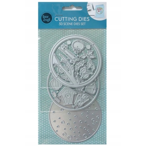 Wykrojnik szablon 3D Scenka ptaki drzewo domki do wycinania embossing 3 szt