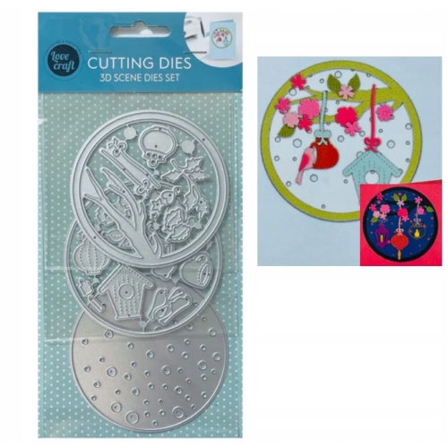 Wykrojnik szablon 3D Scenka ptaki drzewo domki do wycinania embossing 3 szt