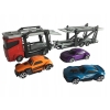 Zestaw: Czerwona Laweta 3 Aut Mega Transporter Teamsterz Orange Blue Violet