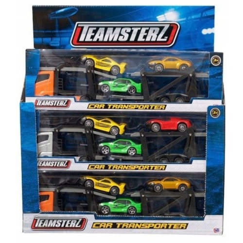 Zestaw: Czerwona Laweta 3 Aut Mega Transporter Teamsterz Orange Blue Violet