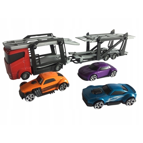 Zestaw: Czerwona Laweta 3 Aut Mega Transporter Teamsterz Orange Blue Violet