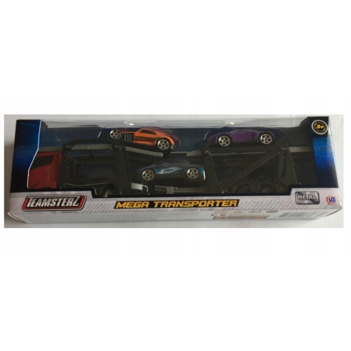 Zestaw: Czerwona Laweta 3 Aut Mega Transporter Teamsterz Orange Blue Violet