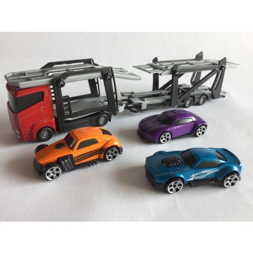Zestaw: Czerwona Laweta 3 Aut Mega Transporter Teamsterz Orange Blue Violet