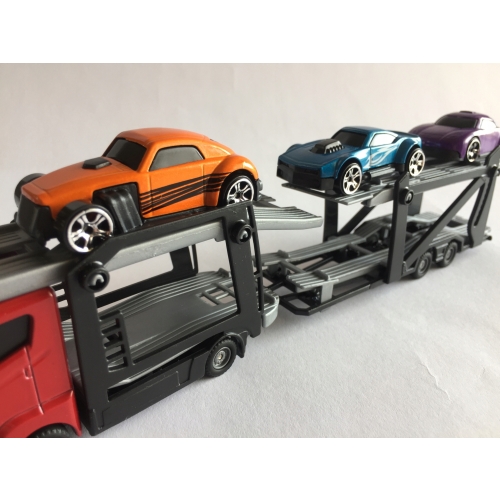 Zestaw: Czerwona Laweta 3 Aut Mega Transporter Teamsterz Orange Blue Violet