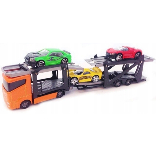 Zestaw: Czerwona Laweta 3 Aut Mega Transporter Teamsterz Orange Blue Violet