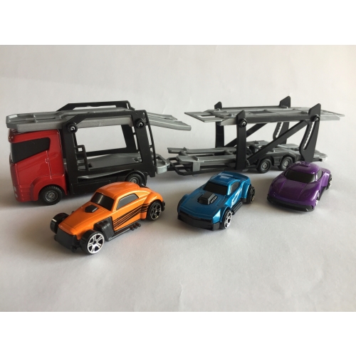 Zestaw: Czerwona Laweta 3 Aut Mega Transporter Teamsterz Orange Blue Violet