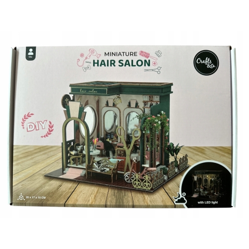 MINIATUROWY DREWNIANY SALON FRYZUR HAIR SALON Z OŚWIETLENIEM LED LIGHT 14+
