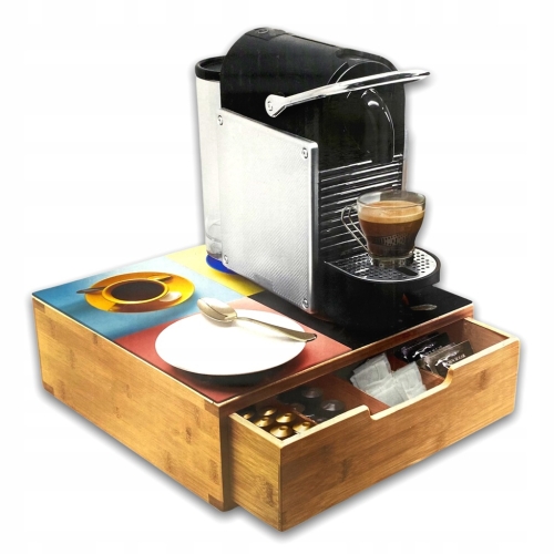 SZAFKA BAMBUSOWA Z SZUFLADĄ ORGANIZER NA KAWĘ HERBATĘ DUŻY SZKLANY COFFEE