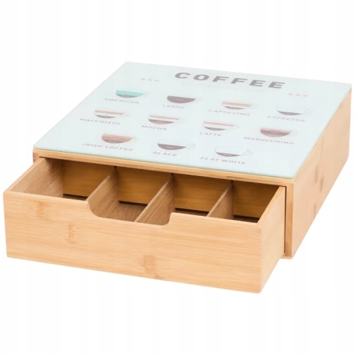 SZAFKA BAMBUSOWA Z SZUFLADĄ ORGANIZER NA KAWĘ HERBATĘ DUŻY SZKLANY COFFEE