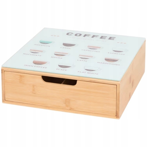 SZAFKA BAMBUSOWA Z SZUFLADĄ ORGANIZER NA KAWĘ HERBATĘ DUŻY SZKLANY COFFEE