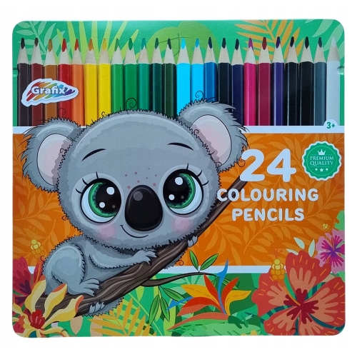 Kredki ołówkowe kolorowe 24 szt metalowy box szkolne Grafix wzór KOALA