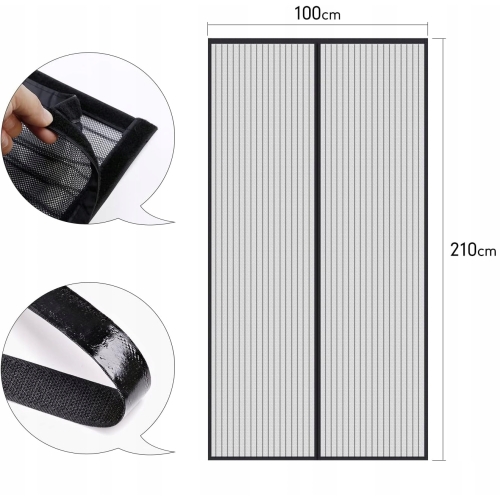MAGNETYCZNA MOSKITIERA DRZWIOWA SIATKA 100 x 210 cm NA KOMARY OWADY CZARNA