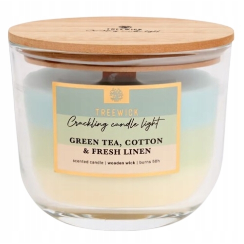 Świeca TreeWick tradycyjna sojowa 370G 50H FSC GREEN TEA COTTON FRESH LINEN