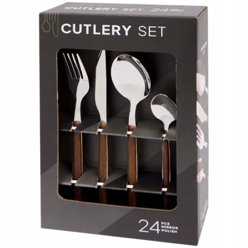 ZESTAW SZTUĆCÓW CUTLERY SET 24 ELEMENTY 6 OSÓB DREWNO STAL NIERDZEWNA