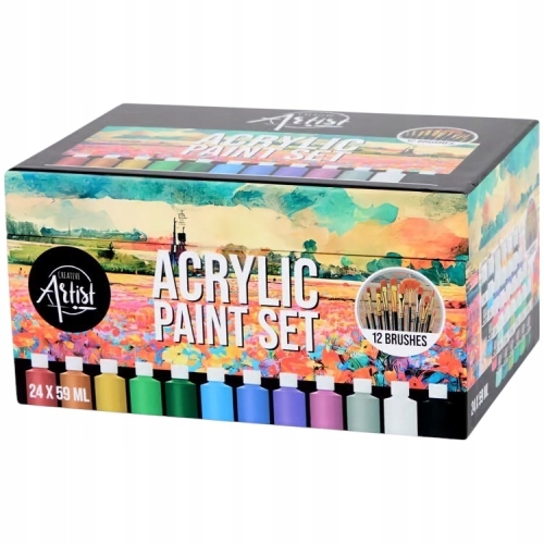 Zestaw farby akrylowe ARTIST 24 sztuk x 59 ml INTENSYWNE KOLORY + 12 pędzli