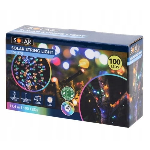 KOLOROWA GIRLANDA OGRODOWA SOLARNY ŁAŃCUCH ŚWIETLNY DRUT 100 LED 11,4 m