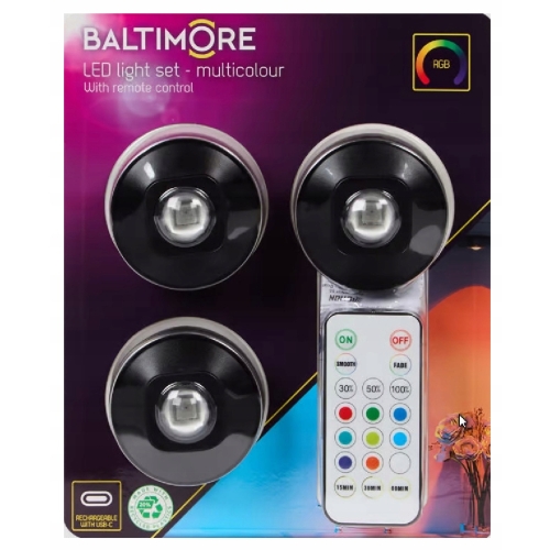 Lampki LED Baltimore wielokrotnego ładowania USB-C Magnes 3 szt pilot KOLOR