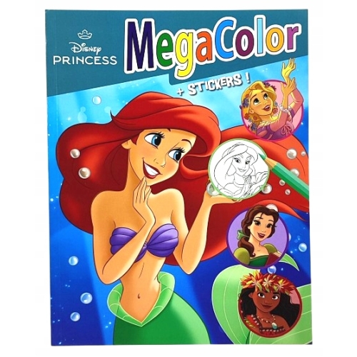 KOLOROWANKA DISNEY PRINCESS MEGA COLOR Z NAKLEJKAMI POCAHONTAS KOPCIUSZEK