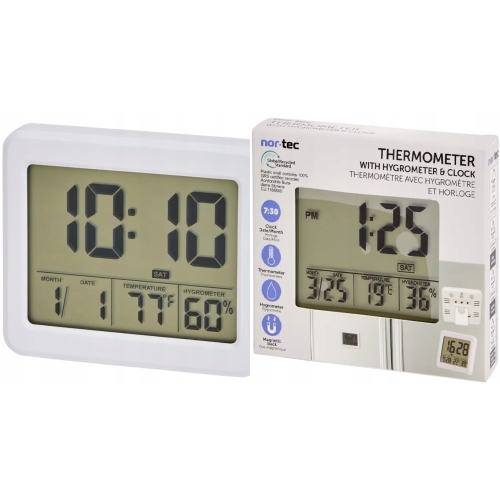 Termometr Higrometr Zegar 3w1 uchwyt magnetyczny duży wyświetlacz LCD BIAŁY