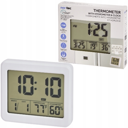 Termometr Higrometr Zegar 3w1 uchwyt magnetyczny duży wyświetlacz LCD BIAŁY