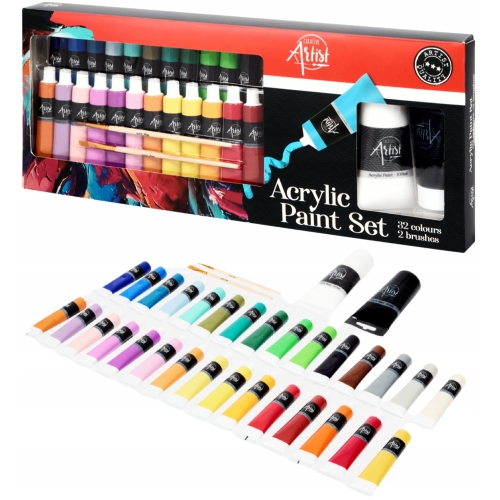 Farby Akrylowe Kolorowe Acrylic 30 x 20ml 2 x 100ml + 2 pędzle duży zestaw